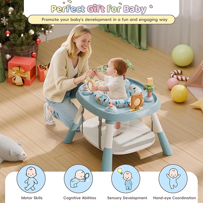 TOLEAD Baby Activity Center, Infant Jumper Activity Center with 5 Infant Toys, Music, Lights, Baby Jumpers and Bouncers, 360°Rotating Seat, Adjustable Heights, Toddler Play Table for 6+ Months (Blue)