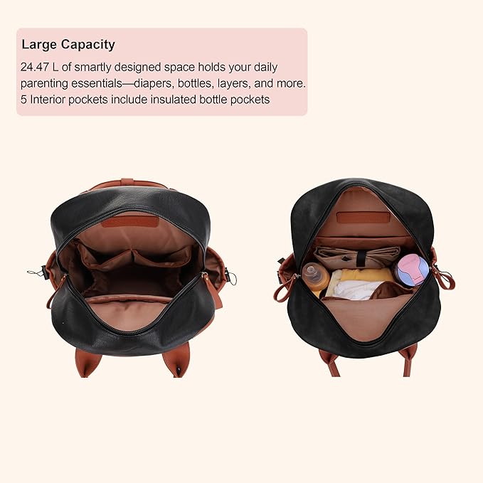 JESSIE & JAMES Saturday EDC Diaper Bag Backpack Multi Function Diaper Bag with Changing Pad & Stroller Straps_Black/Brown