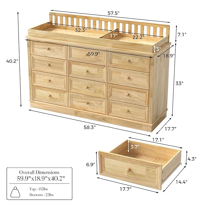 Homsee Baby Changing Table Dresser, 100% Solid Wood Infant Diaper Changing Station Combo, 12-Drawer Baby Nursery Dresser with Removable Tray for Children's Room Bedroom, Nature Color