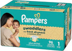 Pampers Swaddlers Diapers, Size 1 (8-14 lbs), 96 Count, Absorbent, Keeps Baby Dry and Comfortable, Skin Safe Disposable Baby Diaper (Packaging May Vary)