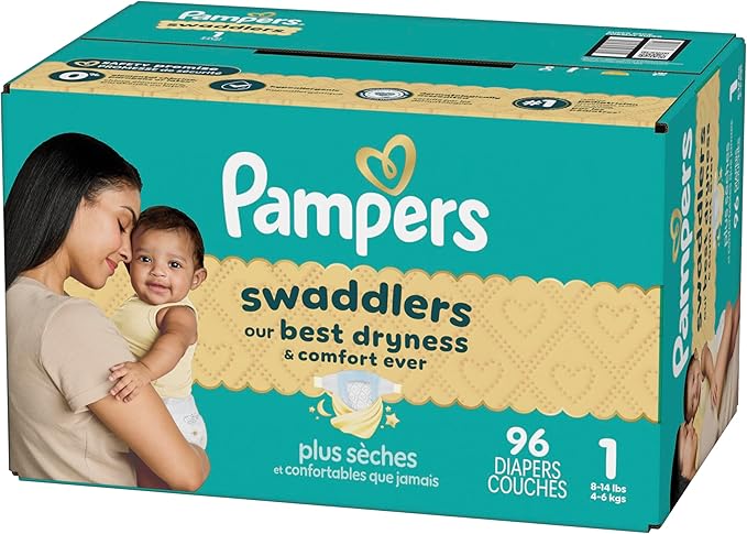 Pampers Swaddlers Diapers, Size 1 (8-14 lbs), 96 Count, Absorbent, Keeps Baby Dry and Comfortable, Skin Safe Disposable Baby Diaper (Packaging May Vary)
