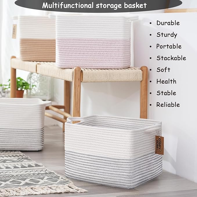 COMFY-HOMI 3 Pack Cotton Rope Square Basket with Handles - Storage & Organizer (White/Black Line, 13.5" x 11" x 9.5")