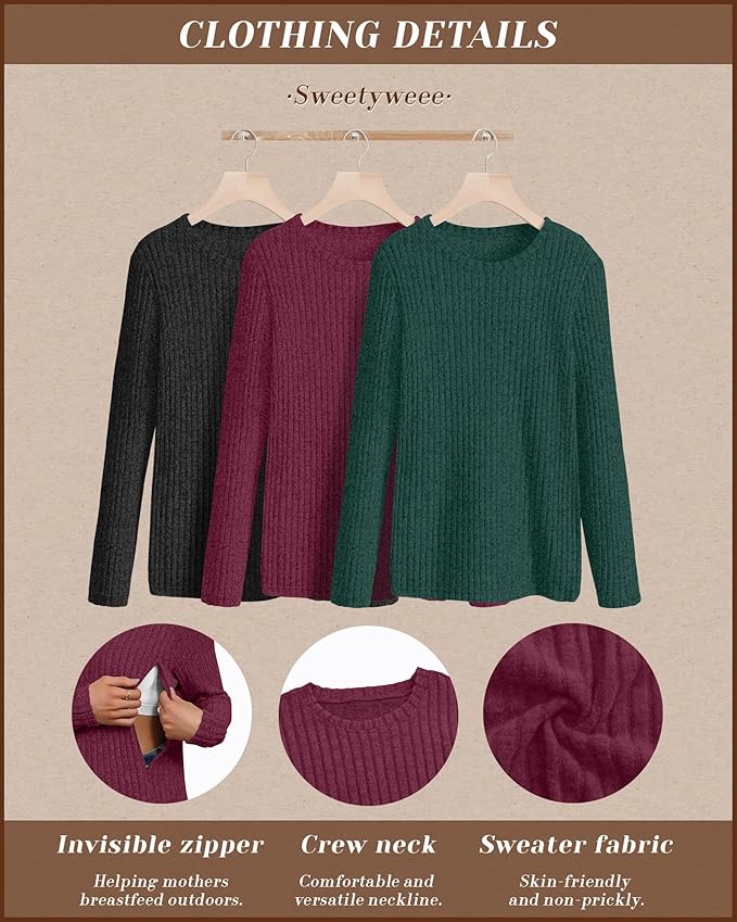 3 Pack Women's Nursing Long Sleeve Tops Breastfeeding Thermal Sweaters with Hidden Zipper Maternity Ribbed Shirts