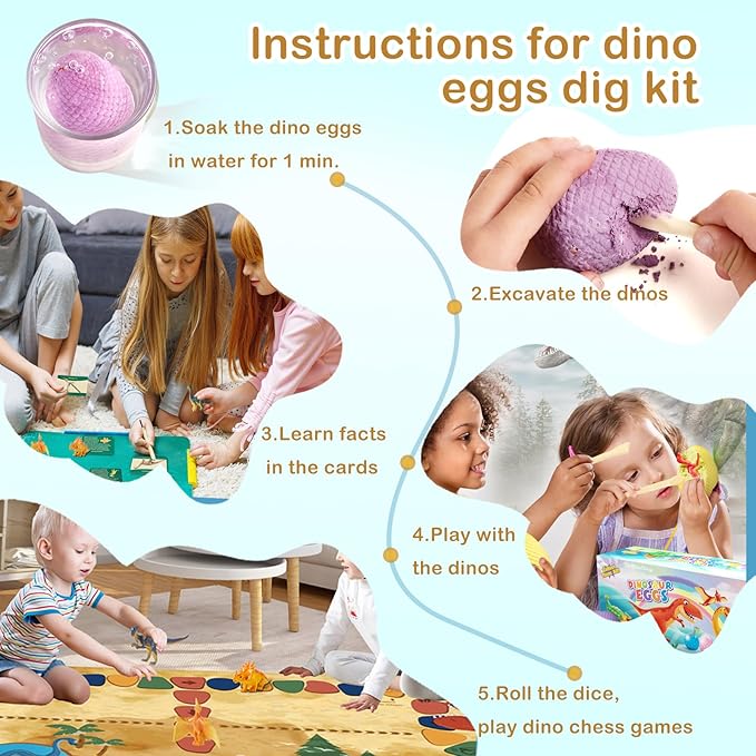 Dino Fossil Eggs Dinosaur Toys - 12 Dinosaur Eggs Dig Excavation Kit w Play Mat for Kids Ages 5-7 Easter Basket Essentials STEM Toy Christmas Birthday Gift for Boys Girls 3 4 5 6 7 8 + 8-13 Years Old