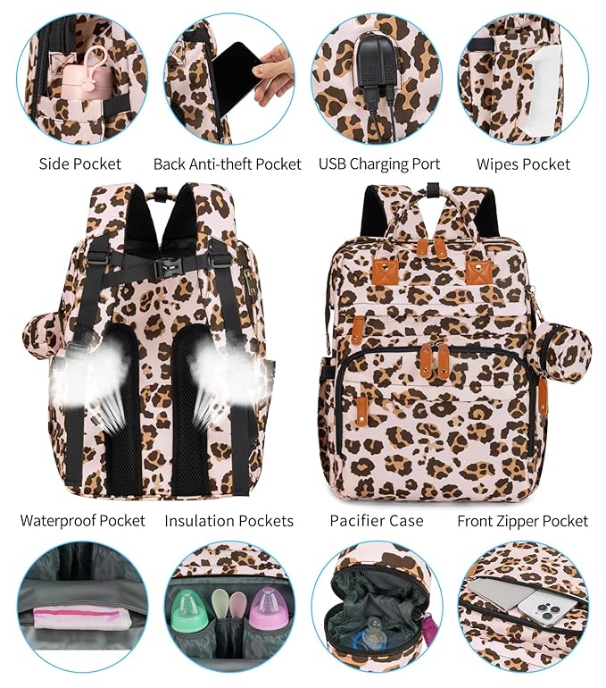 KABAQOO Diaper Bag Backpack with Detachable Changing Station, Large Capacity Baby Diaper Bags for Boys & Girls, Baby Registry Search Stuff & Shower Gifts, Newborn Essentials Must Haves, Leopard Print