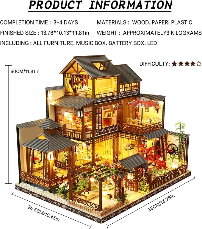 Spilay DIY Dollhouse Miniature with Wooden Furniture,DIY Dollhouse Kit Big Japanese Courtyard Model with LED & Music Box,1:24 Scale Creative Room Gift Idea for Adult Friend Lover (Yaquan Courtyard)