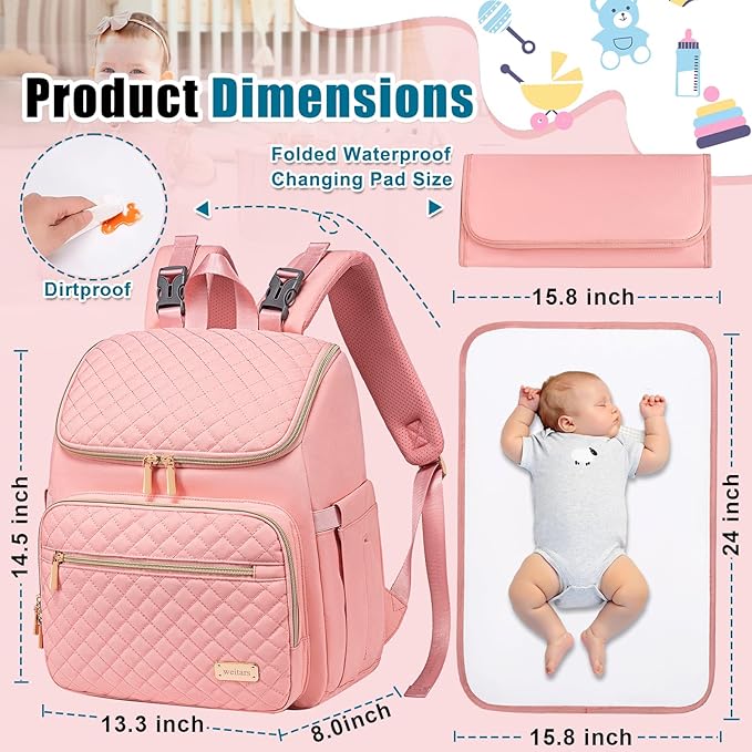 Weitars Diaper Bag Backpack Large Baby Diaper Bag with Changing Pad Travel Diaper Backpack,Baby Bag for Boys Girls,Stroller Straps,5 Insulated Pockets (Pink)