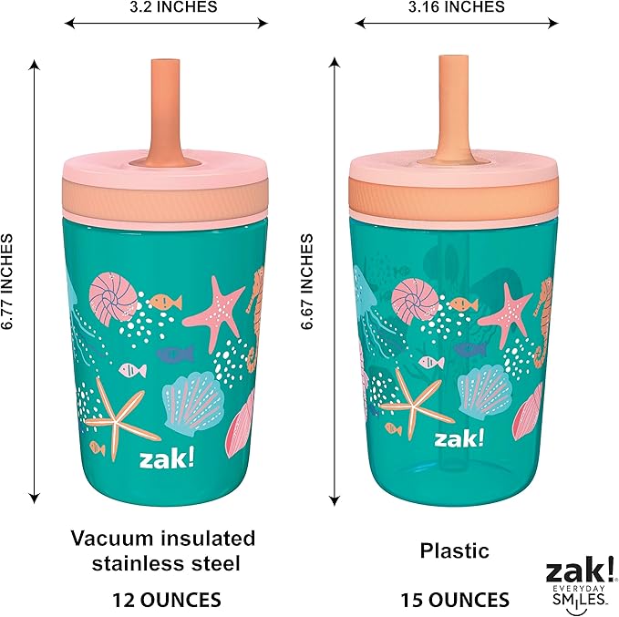 Zak Designs Shells Kelso Tumbler Set, Leak-Proof Screw-On Lid with Straw, Bundle for Kids Includes Plastic and Stainless Steel Cups with Bonus Sipper (3pc Set, Non-BPA) 15 fl.oz.