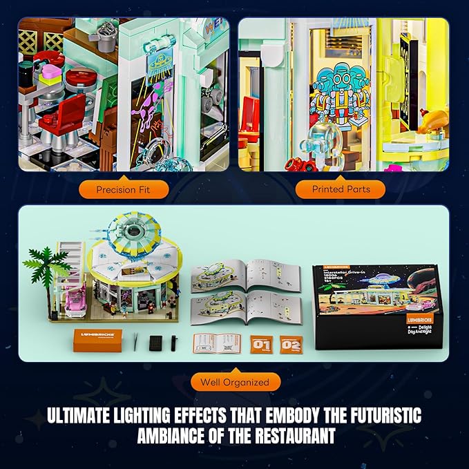 Interstellar-Diner Lighting-Building-Bricks City Set - 2188 Pcs Road UFO Drive-in Restaurant Modular Collection LED Light Space Car Restaurant Set for Adults and Travelling Enthusiasts
