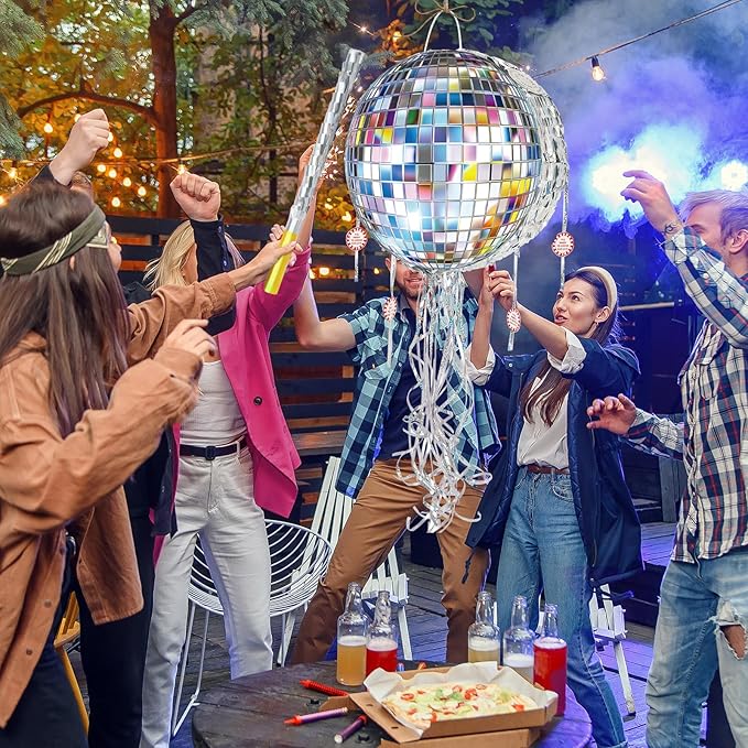 WERNNSAI Disco Ball Piñata - Disco Party Decoration Pull String Mirror Piñata with Bat and Blindfold for Adult Birthday Party Supplies