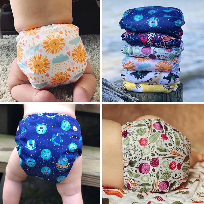 Mama Koala 3.0 Cloth Diapers for Babies, 6 Pack One Size Washable and Reusable Pocket Diapers for Newborns and Toddlers (Animals and Earth)
