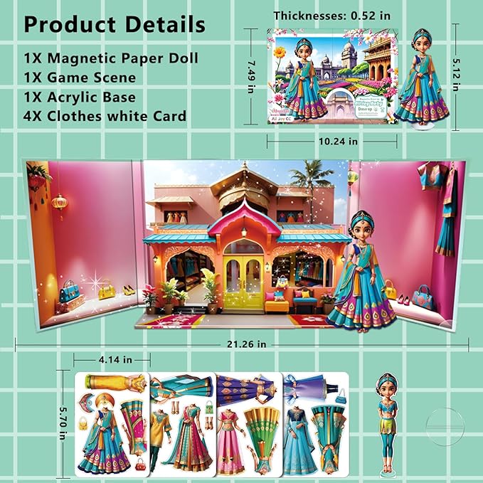 Yuzee Paper Dolls Stickers - Magnetic Dress Up Dolls for Girls - Toddler Travel Toys - 1 Paper Doll and 33 Clothing Accessories with 3D Magnetic Game Scene, Foster Creativity and Imagination