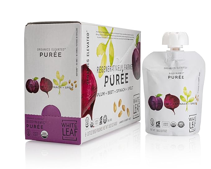 White Leaf Provisions Organic Purees / Baby Food Pouches - Fruits, Veggies & Grains, Toddler snack, Regeneratively Farmed, No Added Sugar, Non-GMO, BPA-Free Pouches 3.17 oz (Pack of 24, Plum + Beet + Spinach + Spelt)