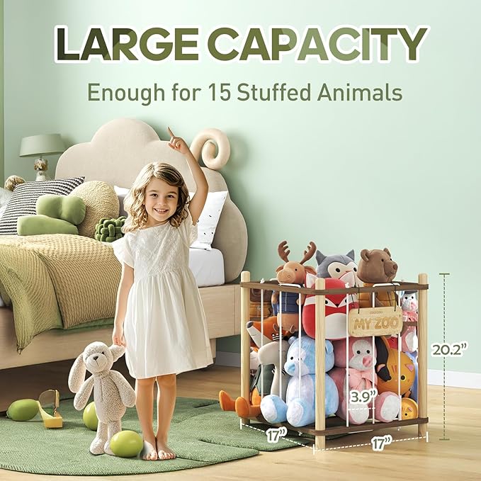 Stuffed Animal Storage, Two-Tone Wood Toy Storage, Space Save Zoo Toy Organizer, Large Capacity Stuffed Animal Holder for Toddler, WJJ-DC (Small)