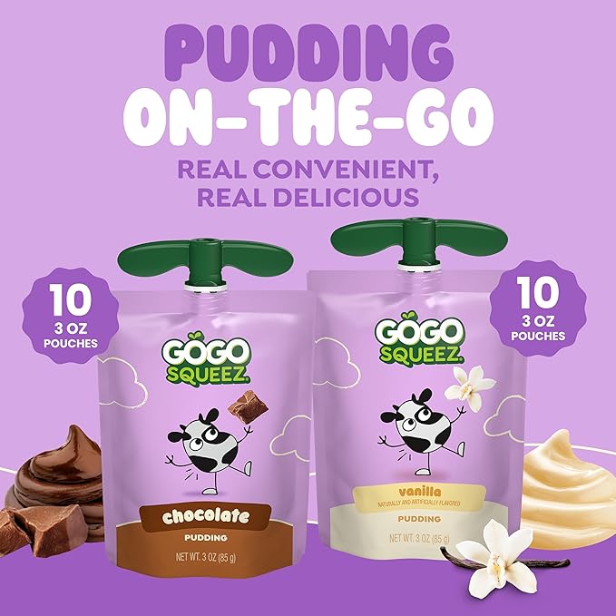 GoGo squeeZ PuddingZ Variety Pack, On-the-Go Chocolate and Vanilla Pudding, 3 oz. Pouches (Pack of 20), BPA Free Pouches