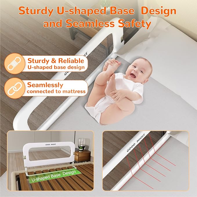 Bed Guard Rail for Toddlers - 47" Adjustable Heights & Folding up Portable Bed Railing for Baby - Toddler Bed Rails Guard for Crib, Twin, Bunk,Full Size, Queen & King Bed (White)