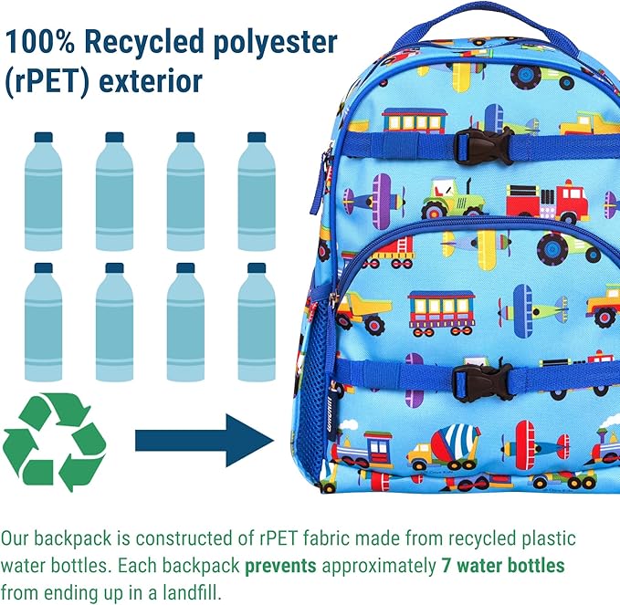 Wildkin ECO rPET 15-inch Kids Backpack – Sustainable, Padded, Adjustable – Trains, Planes & Trucks