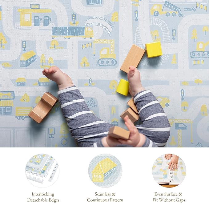 PopsyKosy Premium Baby Foam Play Mats -Stylish Floor & Exercise Puzzle Mat for Toddlers & Kids- 6 Soft, Non-Toxic, Odorless, Peel-resistant Foam Tiles -6ft x 4ft -1"inch Extra-Thick, Pastel Blue Gray