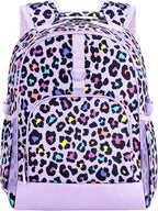 Choco Mocha Cheetah Backpack for Girls, Elementary School Backpack for Girls Ages 6-8 Kids Kindergarten Backpack Large Bookbag 18 Inch with Chest Strap, Purple