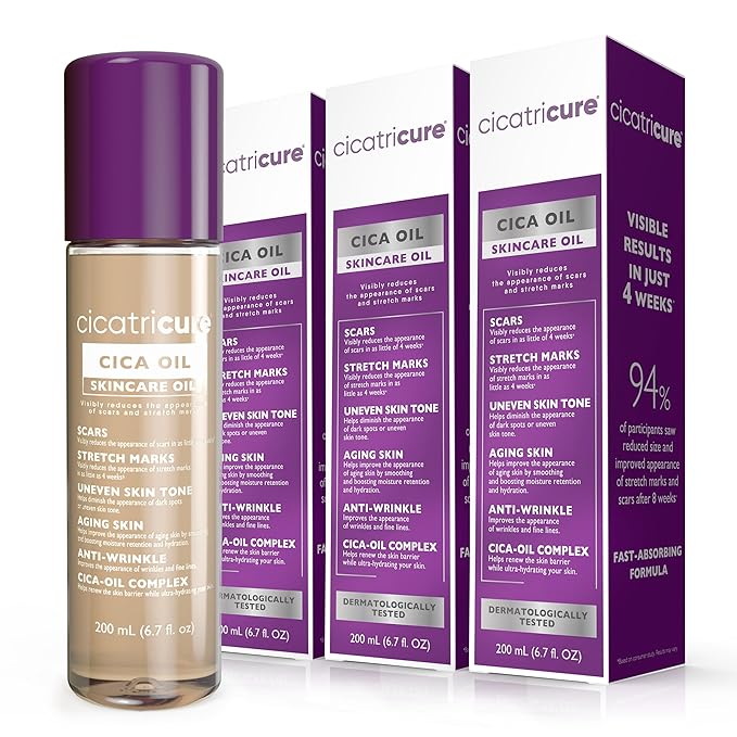 Cicatricure Cica Oil for Stretch Marks & Scars, Visible Results in 4 Weeks, Pregnancy Must-Haves Body Oil with Vitamin E, Stretch Mark Oil, Scar Treatment with Botanical Ingredients, 6.7 fl oz -3 Pack