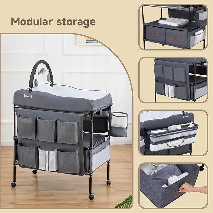 Baby Changing Table, Versatile Portable Folding Changing Table, Waterproof Diaper Changing Station with Waste Basket, Adjustable Height with 2 Drawers, Baby Changing Station
