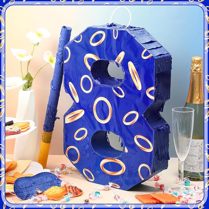 Number 8 Blue and Golden Rings Piñata for Kids Birthday Cartoon Theme Small Piñata with Blindfold Stick Confetti for Fiesta Cinco De Mayo Party Decor, 15.8 x 11 x 2.8 Inch