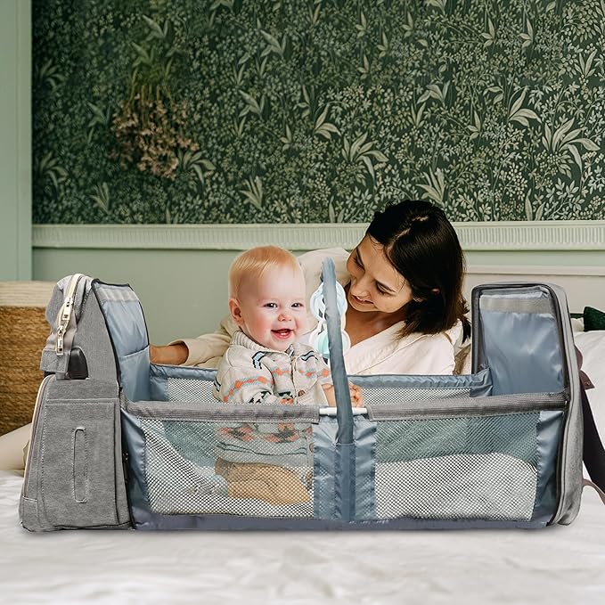 Diaper Bag with Changing Station, Baby Diaper Bag with USB Charging Port, Multi-functional Waterproof Travel Essentials Diaper Bag Backpack for Boys & Girls, Gray