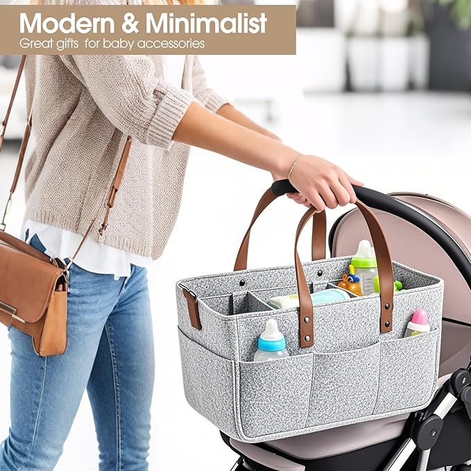 Nursery Storage Basket - Baby Diaper Caddy Organizer for Diaper Station, Newborn Essentials, Baby Shower Gifts and Registry Must-Haves for Boy or Girl (White)