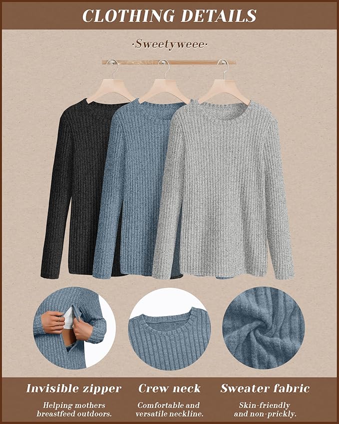 3 Pack Women's Nursing Long Sleeve Tops Breastfeeding Thermal Sweaters with Hidden Zipper Maternity Ribbed Shirts
