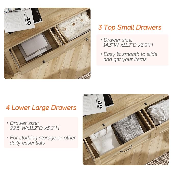 WAMPAT 2 Pack Kids Dresser with 14 Drawers for Bedroom, 2-in-1 Wide Baby Dresser for Nursery & Kids Room, Farmhouse Chests & Dressers, Wooden Closet Organizer for Children’s Bedroom, Oak