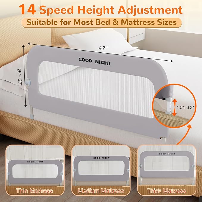 Bed Guard Rail for Toddlers - 47" Adjustable Heights & Folding up Portable Bed Railing for Baby - Toddler Bed Rails Guard for Crib, Twin, Bunk,Full Size, Queen & King Bed(Grey)