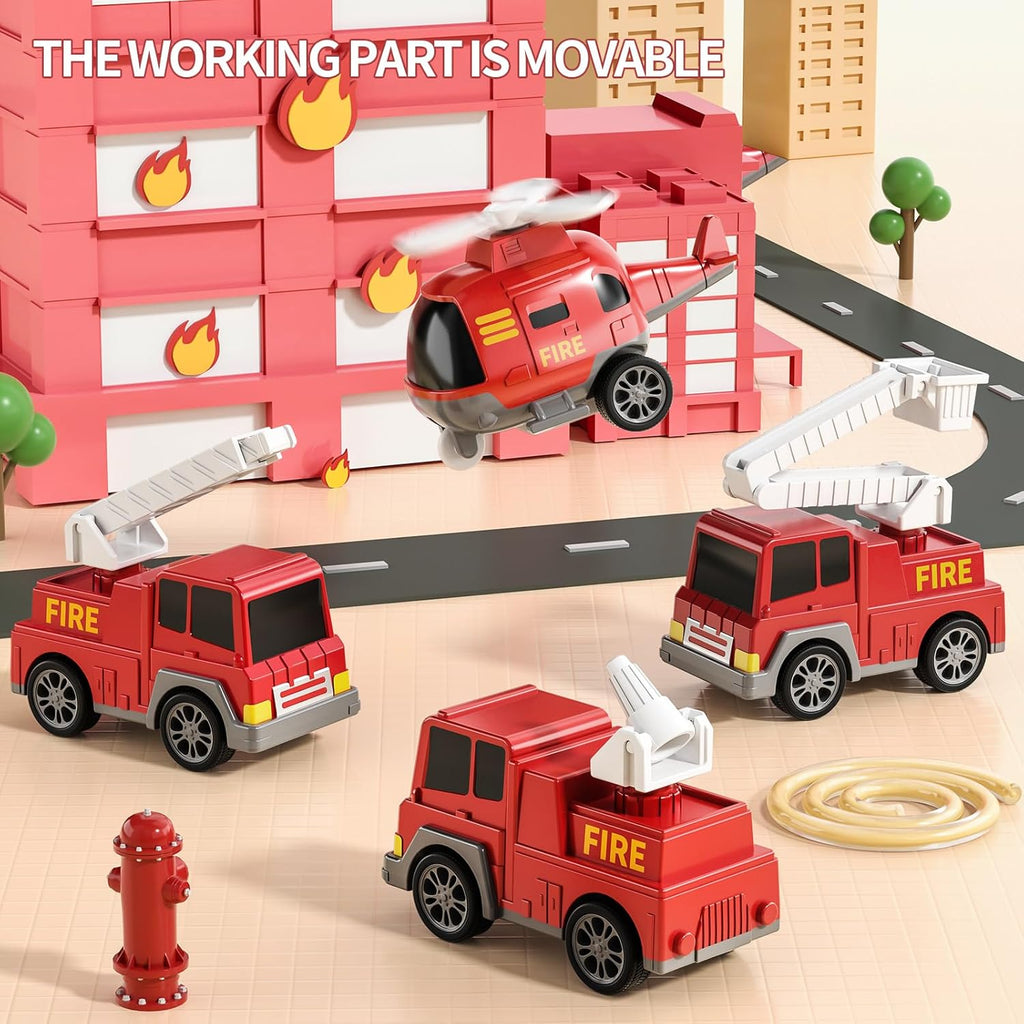 TEMI Fire Trucks Boy Toys for Toddlers 3-5 Year Old - Firetruck Toys for Kids 3 4 5 6 7, Transport Vehicle Carrier Set, Birthdays Gifts for Kids Girls Aged 4-6