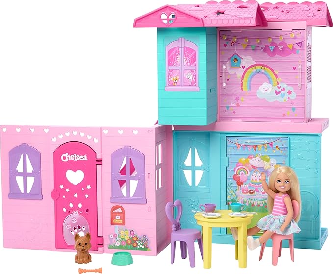 Barbie Chelsea Toy Dollhouse with 15+ Accessories, Pop-Up House Expands to 17+ x 13+ inches with 5 Play Areas & Slide, Includes Small Doll & Pet Dog