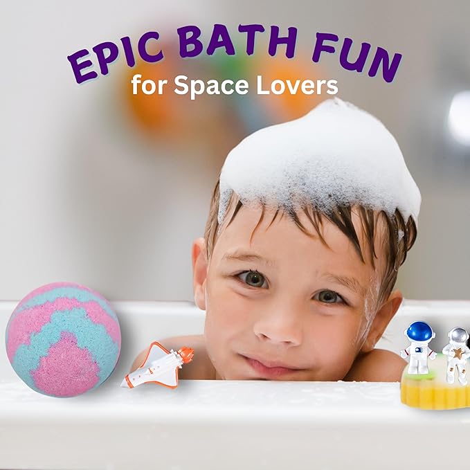 EvolutionUSA 1pc Space Bath Bomb for Boys & Girls, Planet Bath Ball with Toy Hidden Inside, Organic Hypoallerganic Childrens Bathbomb, Cosmic Fun Space Surprise, Gift Set Birthday, Christmas, Easter