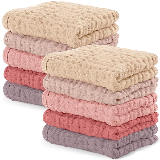 Comfy Cubs Muslin Baby Washcloths 10 Pack - Soft 6-Layer Cotton Wash Cloths for Sensitive Skin - 10"x10" Large, Gentle, Absorbent Infant Essentials for Newborn and Toddlers - Multi Girl