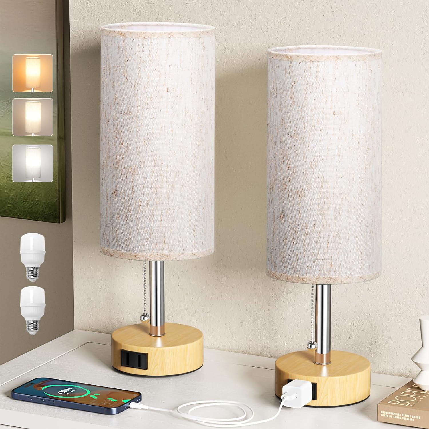 Wood Grain Bedside Table Lamps Set of 2-3 Color Temperatures Pull Chain Lamp with AC Outlet Charging Port, Round Night Stand Lamps for Bedroom Office, Small Bed Light with E26 LED Bulbs