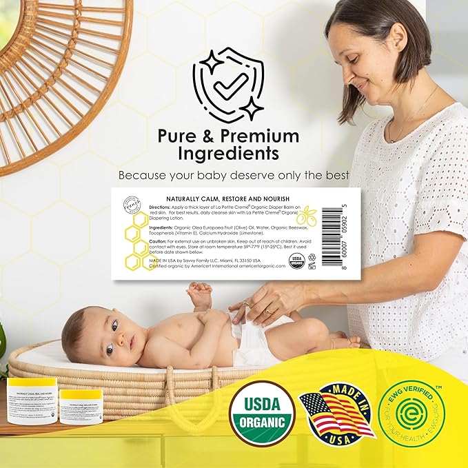 La Petite Creme French Organic Diaper Balm (1 oz) - Healing & Nourishing Diaper Cream - Gentle & Safe Liniment Baby Lotion - USDA Certified Organic - Baby Essentials for Newborn