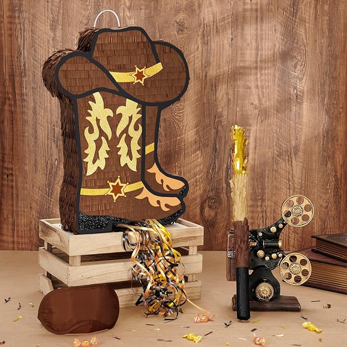 WERNNSAI Western Cowgirl Boot Piñata - Cowboy Hat Pinata Game Western World Theme Party Decorations for Adults Kids Birthday Farm Horse Rodeo Party Supplies with Bat Blindfold