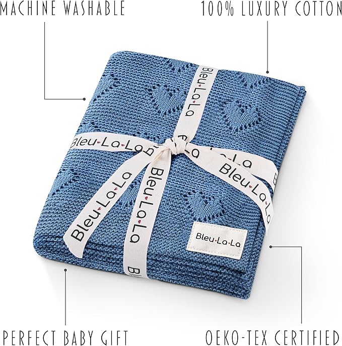 Heirloom Knit Heart Receiving Unisex Blanket for Boys - 100% Luxury Cotton Baby Blanket - Soft Warm Swaddle Crib Receiving Blanket for Newborns Infants & Toddlers (Denim Blue)