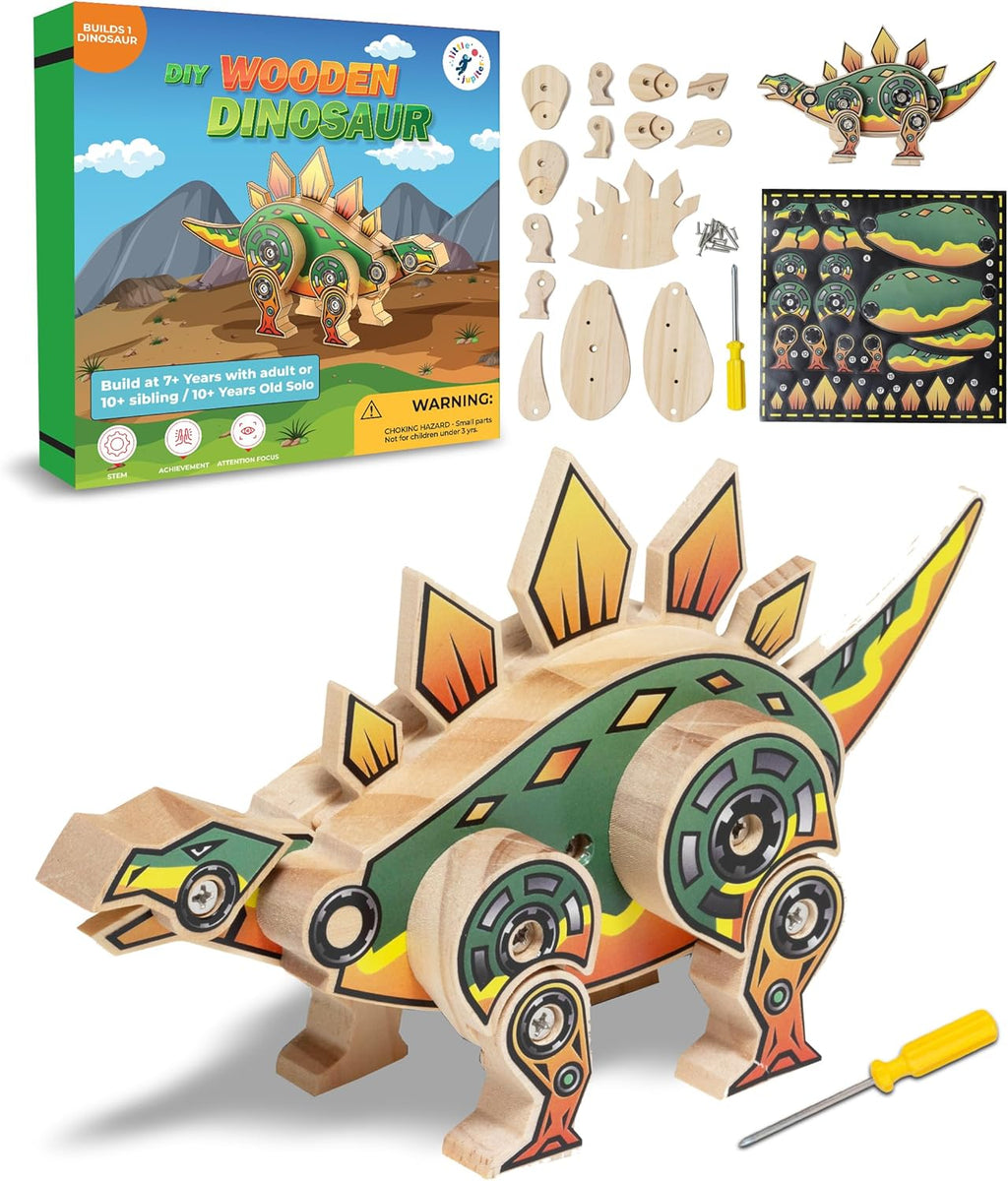 Little Jupiter DIY Wooden Kit with Stickers - Dinosaur Toys for Kids for 7-12 Yrs - Dinosaur Toy Woodworking Kits - Wood Crafts - Kids Building Kit - Wooden Crafts (Stegosaurus)