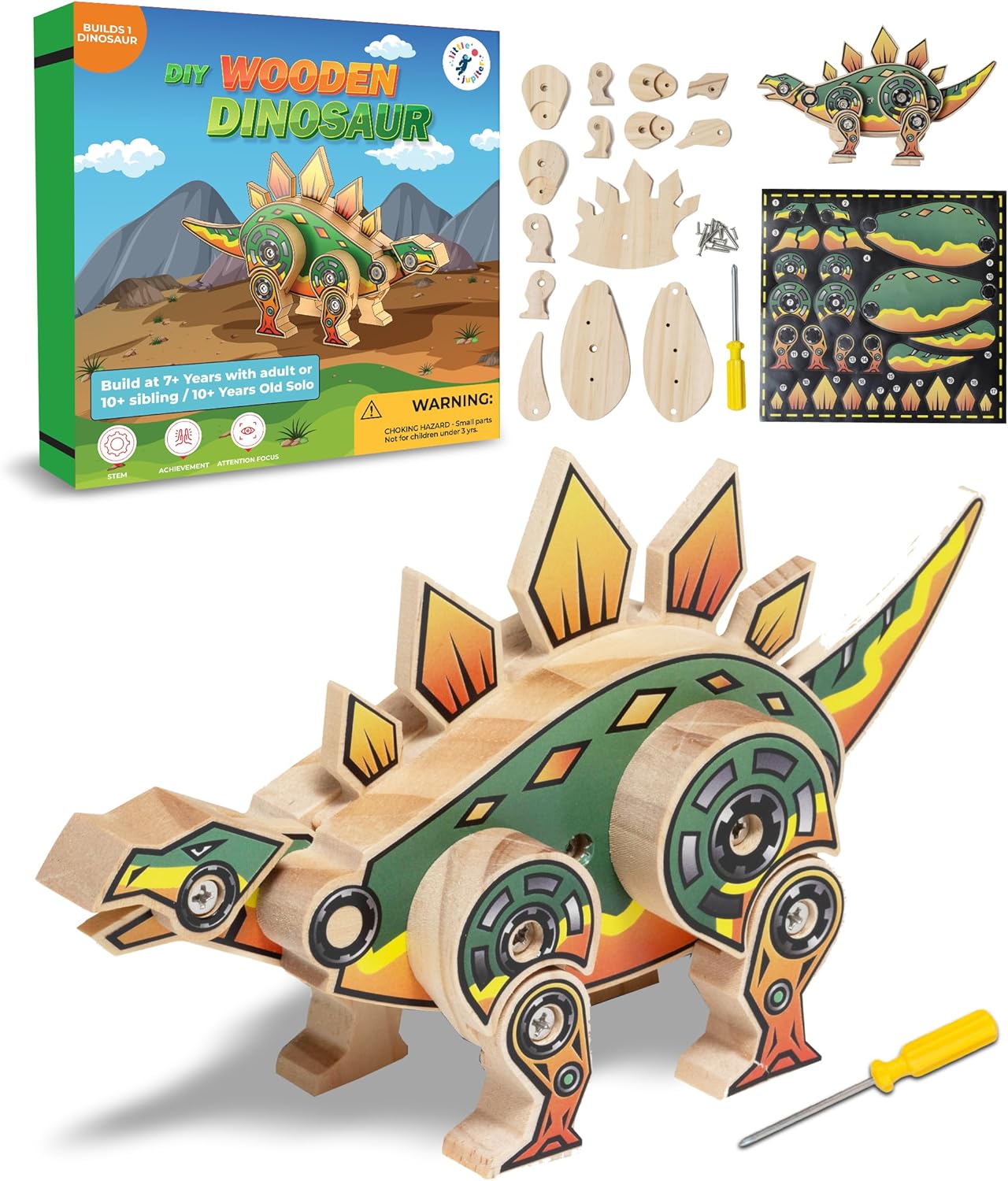 Little Jupiter DIY Wooden Kit with Stickers - Dinosaur Toys for Kids for 7-12 Yrs - Dinosaur Toy Woodworking Kits - Wood Crafts - Kids Building Kit - Wooden Crafts (Stegosaurus)