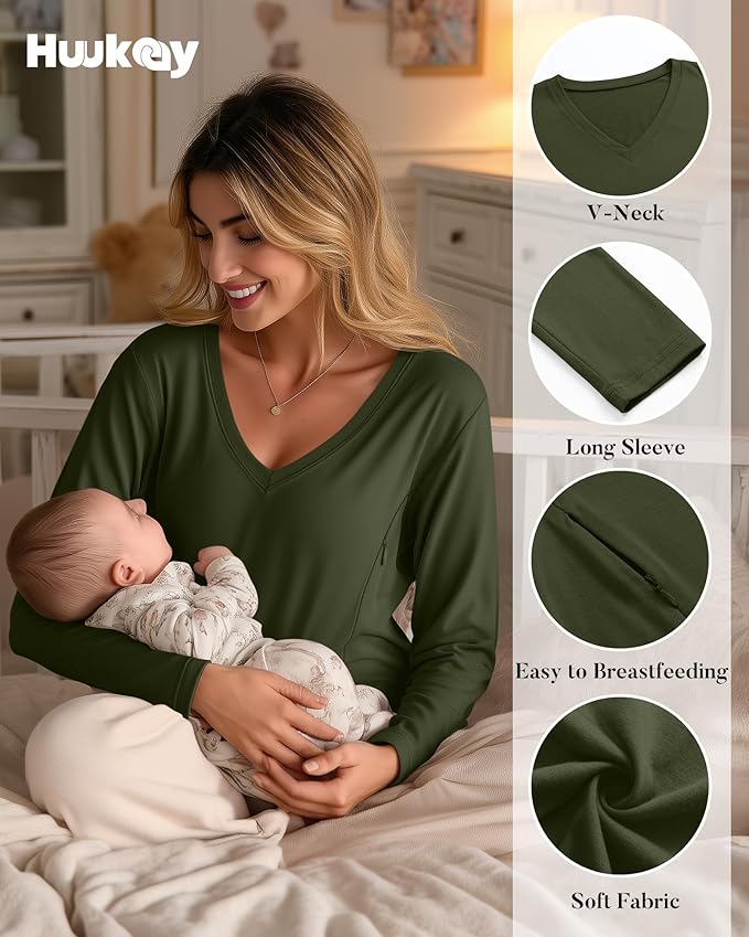 Huukeay 3 Pack Women's Long Sleeve Nursing Tops, Breastfeeding Hidden Zippers Shirts V Neck Maternity Pregnancy Tees Clothes
