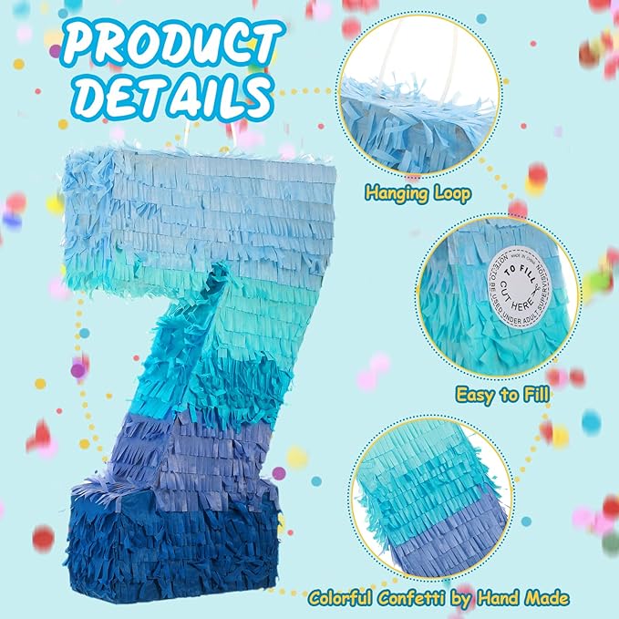 Sratte Number 1 2 3 4 5 6 7 8 9 Piñata with Stick Blindfold Confetti, Gradient Blue Piñata for Kids Boys Girls Birthday Party Anniversary Decorations Supplies(Number 7)