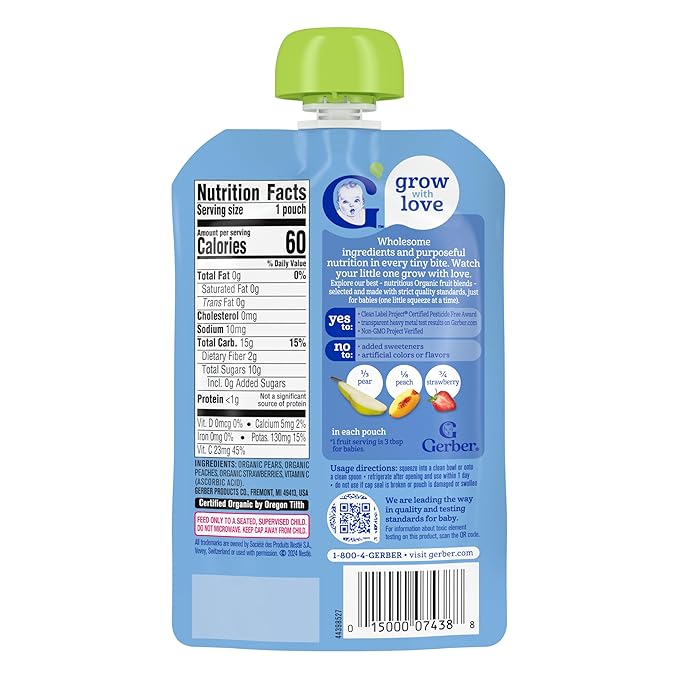 Gerber Stage 2 Baby Food, Organic Pear Peach Strawberry Puree Pouch, 2 Servings of Fruit, No Added Sweetener, No Artificial Colors or Flavors, 12-Pack