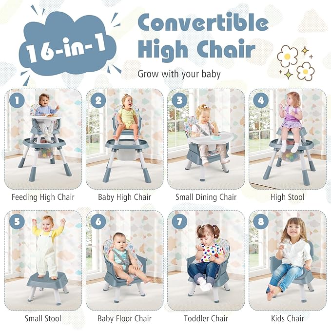 HONEY JOY 16-in-1 Baby High Chair, Convertible Highchair for Babies and Toddlers/Booster Seat/Activity Center with Toys, Building Block Table & Stool, Safety Harness, Removable Cushion & Tray (Blue)