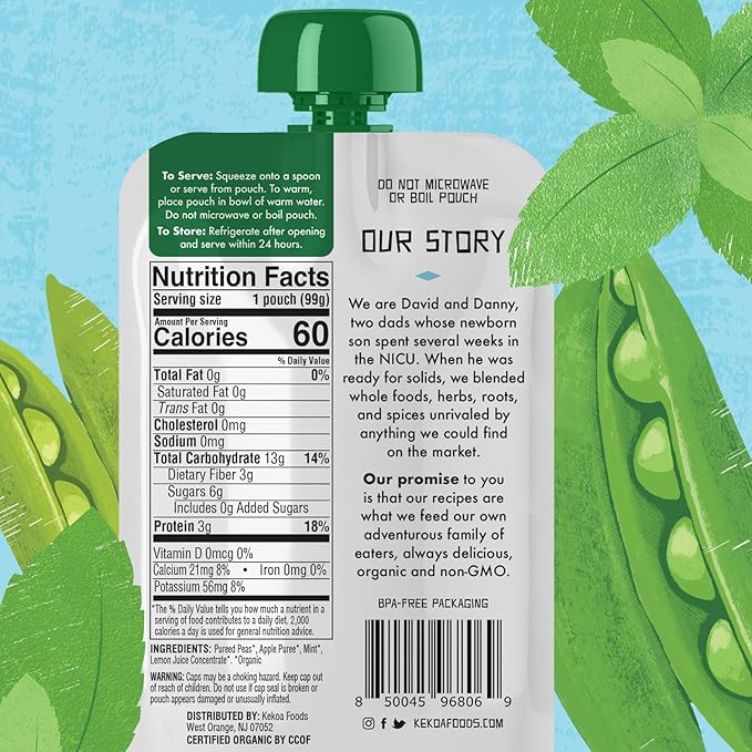 Kekoa Foods Peas & Mint Baby Food Purée | 100% USDA Certified-Organic Vegetarian Squeeze Pouch | Organic, Non-GMO, Gluten-Free, Vegan | Fiber & Protein Boosting First Food for Babies | 3.5 oz