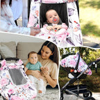 Floral Baby Carseat Cover Girls, Pea Pod Infant Car Seat Covers Canopy for Newborn with 2 Layers Windows of Breathable Mesh/Fabric, Lightweight Polyester/Minky Dot Backing, Snug Fit Most Baby Car Seat
