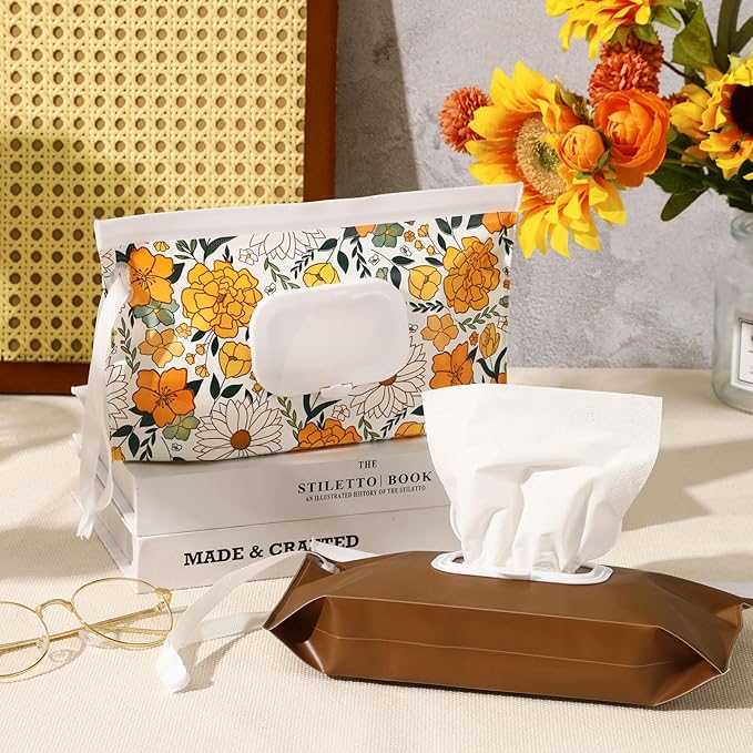 FEBSNOW 4 Pack Baby Wipes Dispenser, Portable Refillable Wipe Holder Baby Wipes Container Travel Wipes Case Reusable Wet Wipes Pouch (Floral, Cream, Brown, Pink)