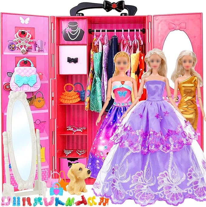 iBayda 11.5-Inch Fashion Doll with Closet Clothes Accessories Set - Includes Princess Gown, Long Dresses, Outfits, Shoes, Handbags, Mirror, Pet Dog & More (Doll Included)