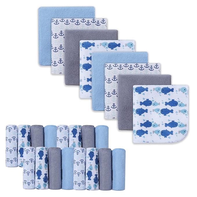 softan Baby Washcloths, 24Pack Baby Wash Cloths Extra Soft & Ultra Absorbent, Baby Towels and Washcloths Face Towel Unisex for Boys Girls Body, Washclothes Gentle on Sensitive Skin, 9x9 Whale & Anchor